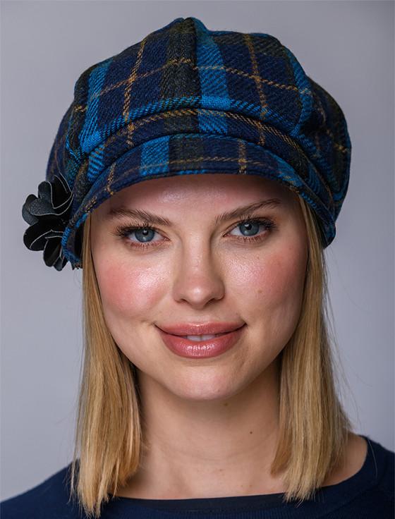 Aran Cashmere Ladies Tweed Newsboy Hat - Green Navy & Blue