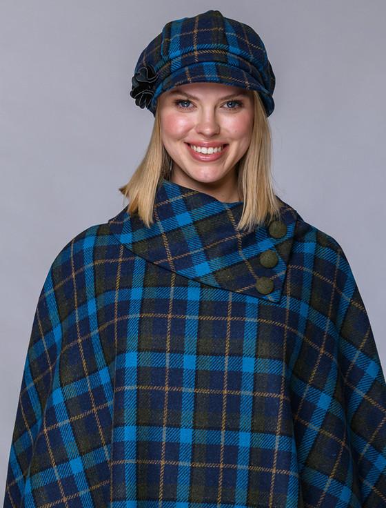 Aran Cashmere Ladies Tweed Newsboy Hat - Green Navy & Blue