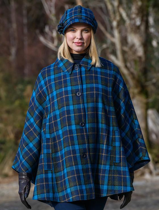 Aran Cashmere Ladies Tweed Newsboy Hat - Green Navy & Blue