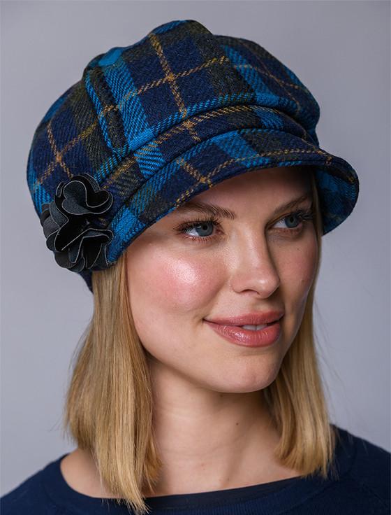aran cashmere Ladies Tweed Newsboy Hat - Green Navy & Blue