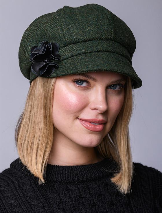 aran cashmere Ladies Tweed Newsboy Hat - Green & Yellow