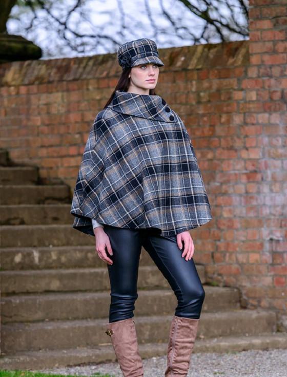 Aran Cashmere Ladies Tweed Newsboy Hat - Grey & Black Plaid