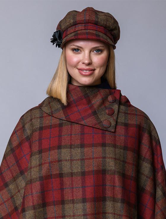 Aran Cashmere Ladies Tweed Newsboy Hat - Red Brown & Grey