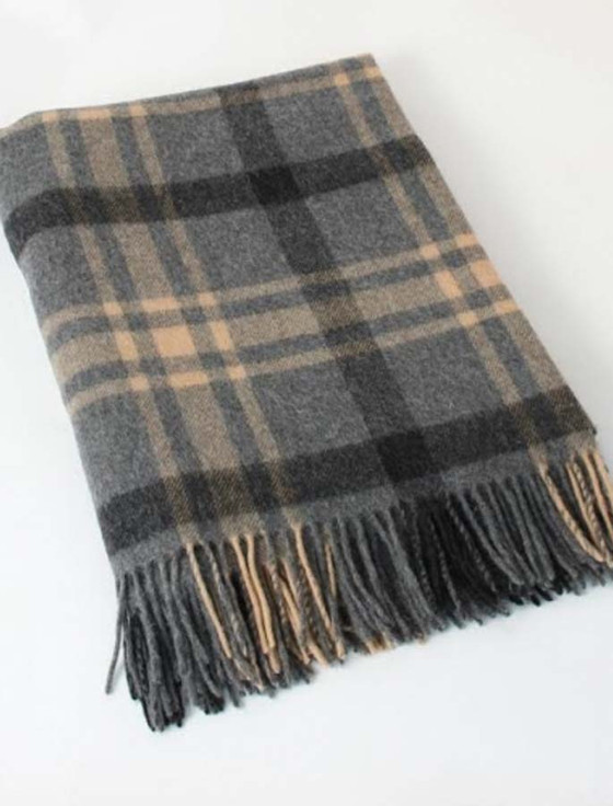Aran Cashmere Lambswool Plaid Throw - Charcoal Beige Black