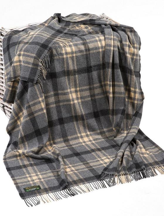 aran cashmere Lambswool Plaid Throw - Charcoal Beige Black