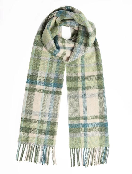Aran Cashmere Lambswool Scarf - Green Turquoise Cream Tartan