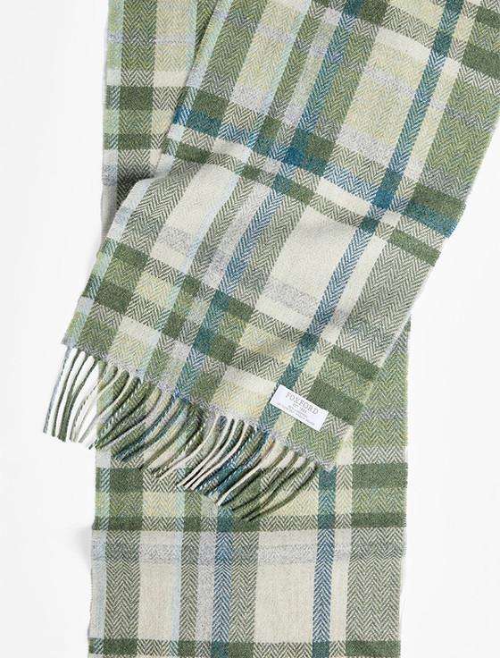 Aran Cashmere Lambswool Scarf - Green Turquoise Cream Tartan