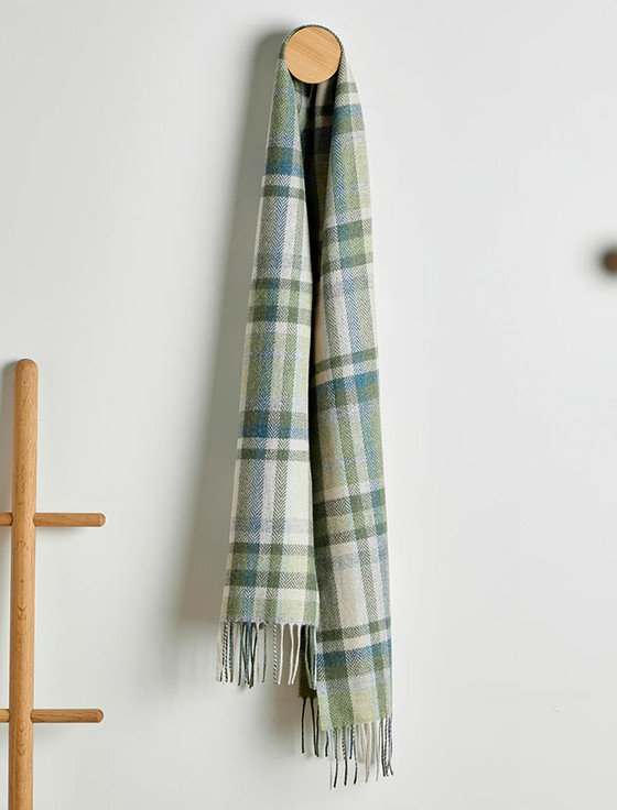 aran cashmere Lambswool Scarf - Green Turquoise Cream Tartan