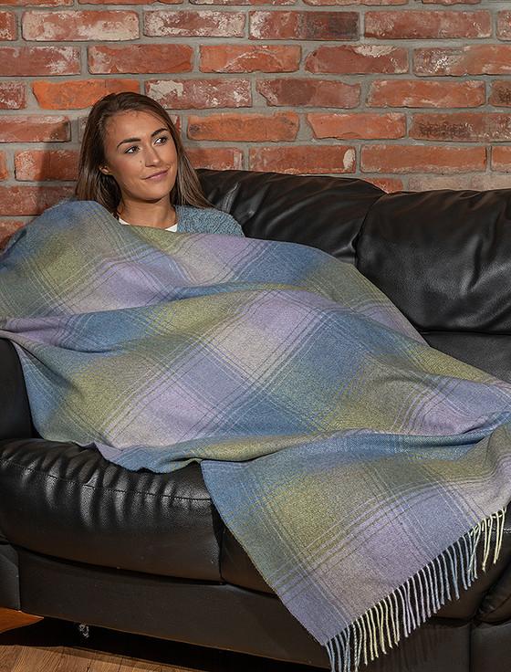 Aran Cashmere Lambswool Throw - Blue Green & Lilac Plaid