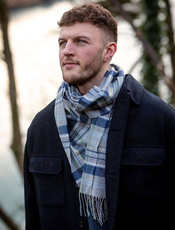 aran cashmere Luxury Merino Wool Scarf - Grey & Blue Check