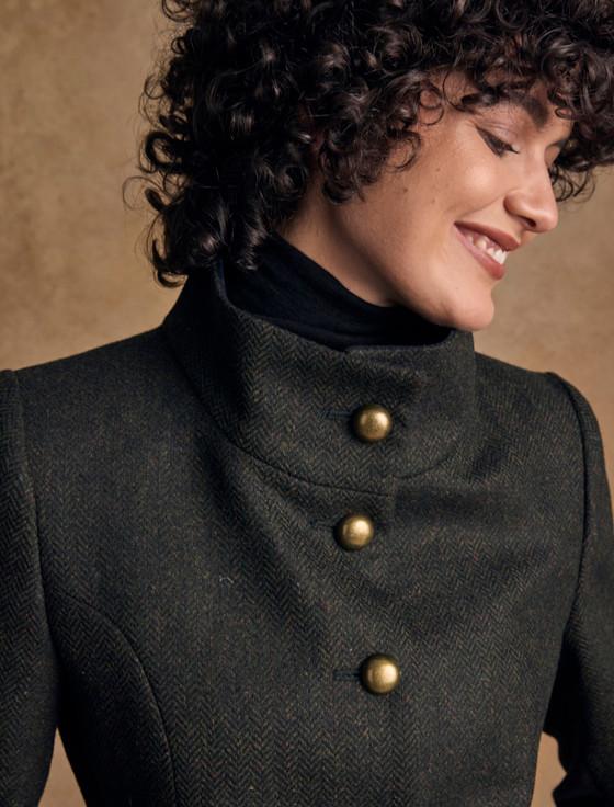 Aran Cashmere Lynn Tweed Coat - Deep Green Herringbone