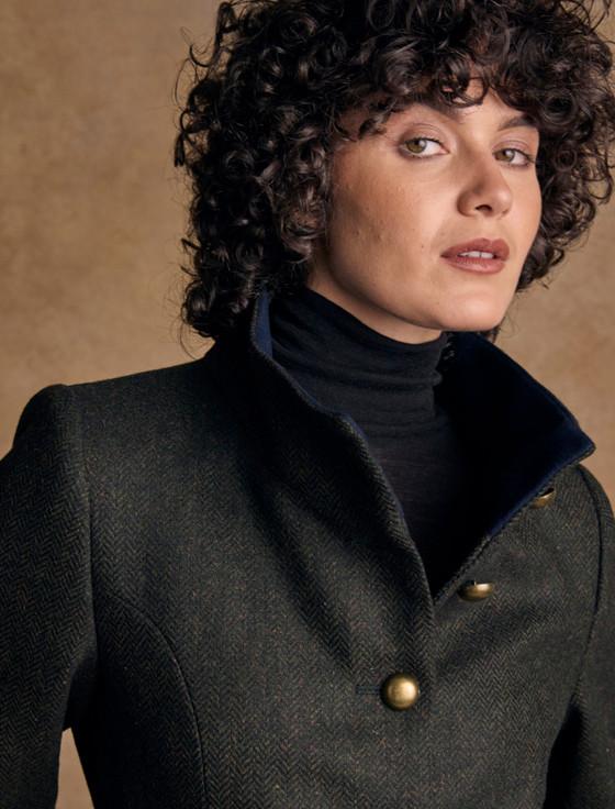 Aran Cashmere Lynn Tweed Coat - Deep Green Herringbone