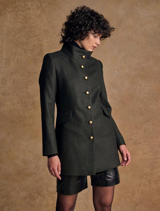 aran cashmere Lynn Tweed Coat - Deep Green Herringbone