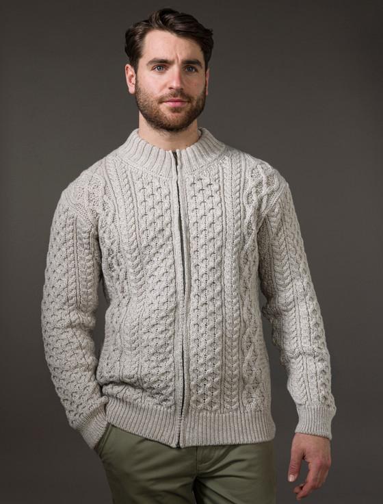 Aran Cashmere M‎en's Full Z‎ip Merino Ar‎an Cardigan