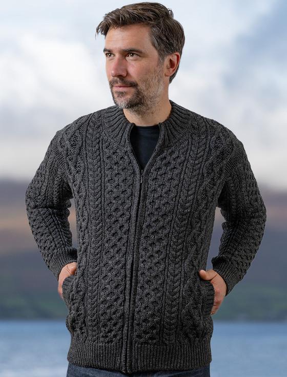 aran cashmere M‎en's Full Z‎ip Merino Ar‎an Cardigan