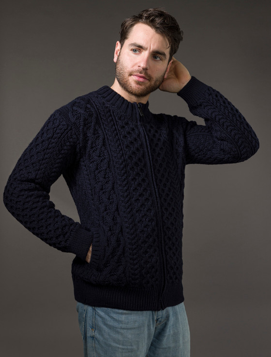 Aran Cashmere M‎en's Full Zip Merino A‎ran Cardigan
