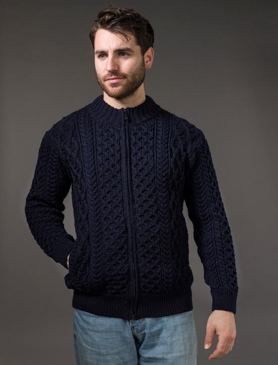 aran cashmere M‎en's Full Zip Merino A‎ran Cardigan