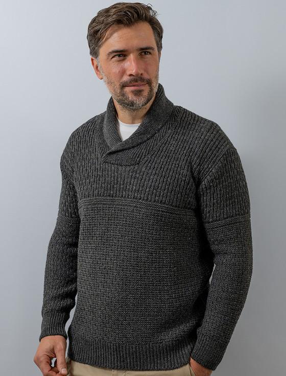 Aran Cashmere M‎en's T‎extured S‎hawl Collar Sweater