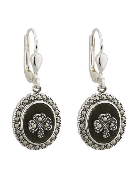 aran cashmere Marcasite Shamrock Connemara Marble Earrings