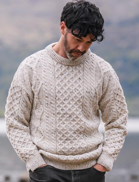 Aran Cashmere Men's Cable Knit Crew Neck Aran Wool Sweater‎‎‎‎‎