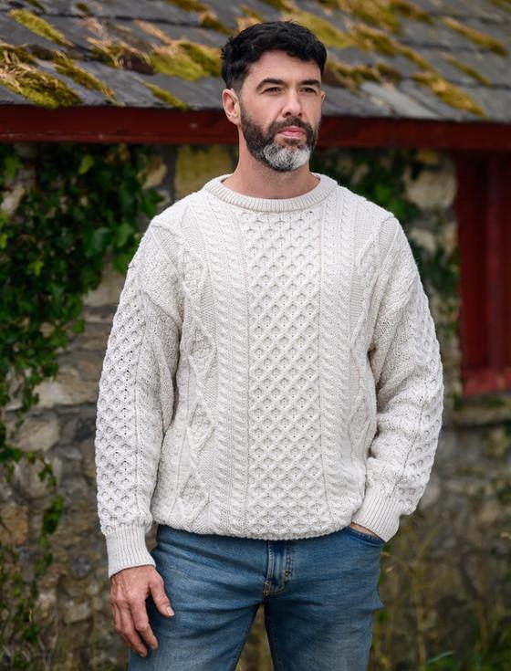 Aran Cashmere Men's Cable Knit Crew Neck Aran Wool Sweater‎