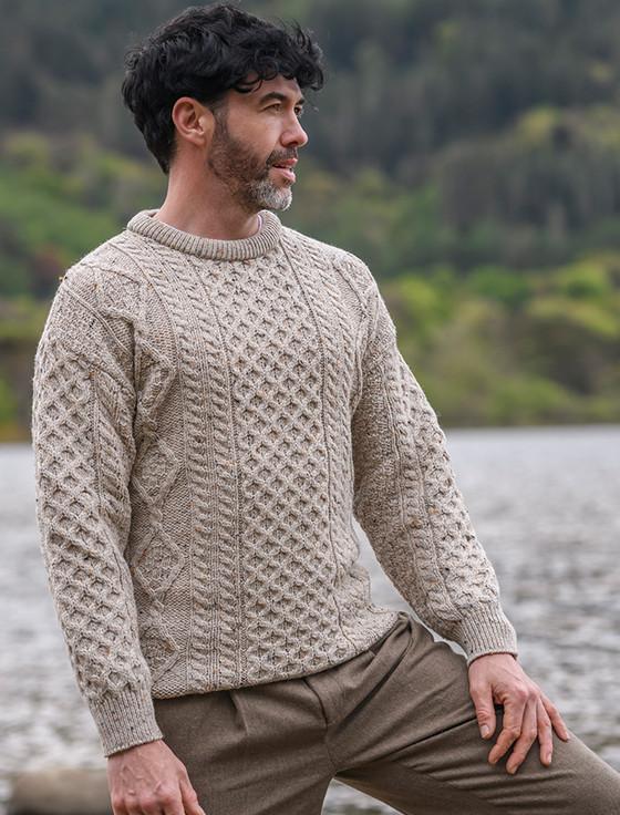 Aran Cashmere Men's Cable Knit Crew Neck Aran Wool Sweater‎‎‎‎‎‎