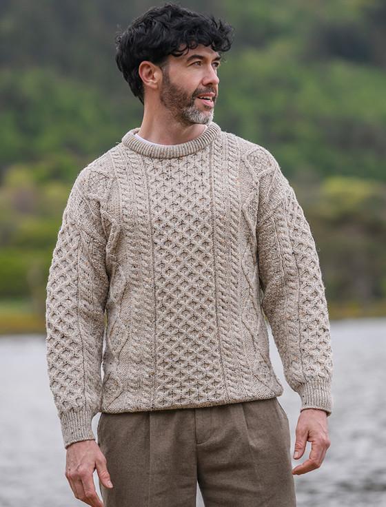 aran cashmere Men's Cable Knit Crew Neck Aran Wool Sweater‎‎‎‎‎‎