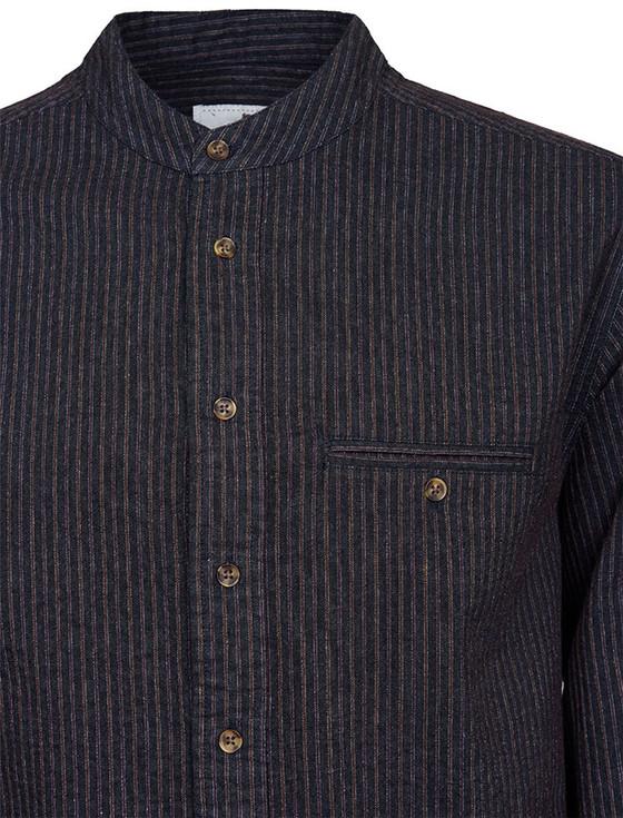 Aran Cashmere Men's Comfort Cotton Grandfather Shirt - Black With Burgundy Stripes