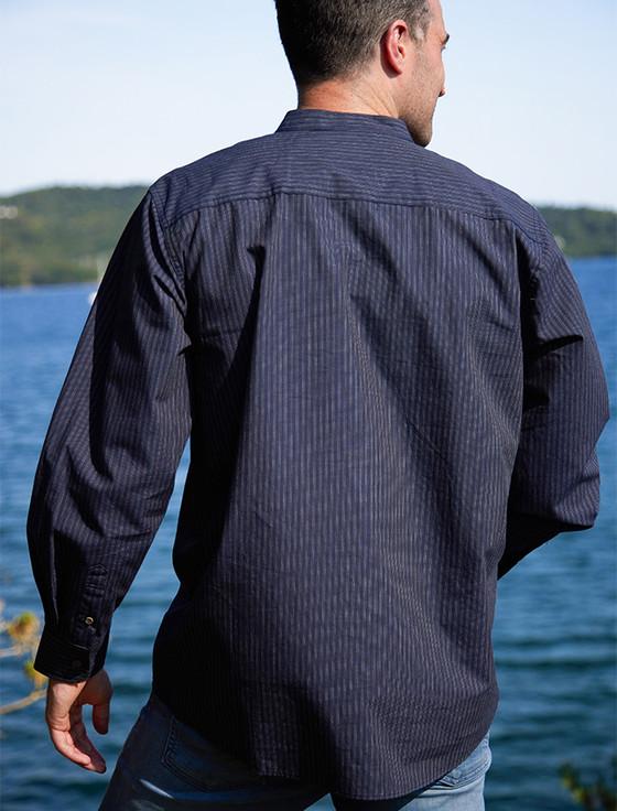 Aran Cashmere Men's Comfort Cotton Grandfather Shirt - Navy & White Stripe