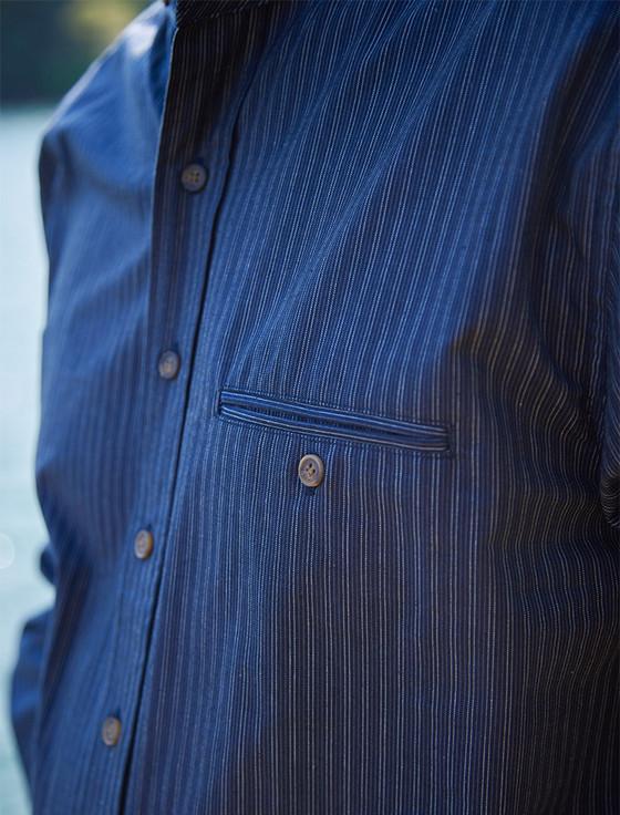 Aran Cashmere Men's Comfort Cotton Grandfather Shirt - Navy & White Stripe