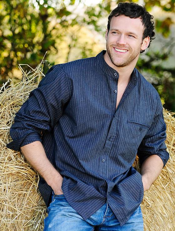 aran cashmere Men's Comfort Cotton Grandfather Shirt - Navy & White Stripe