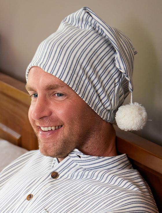 aran cashmere Men's Cotton Flannel Nightcap - Blue Stripe