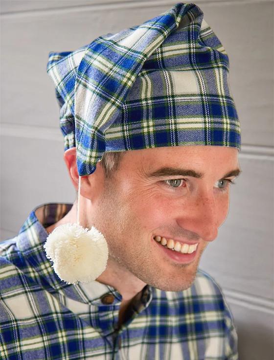 aran cashmere Men's Cotton Flannel Nightcap - Douglas Blue Tartan