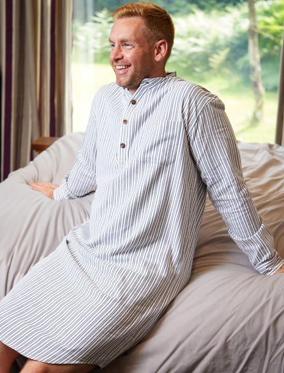 aran cashmere Men's Cotton Flannel Nightshirt - Blue Stripe