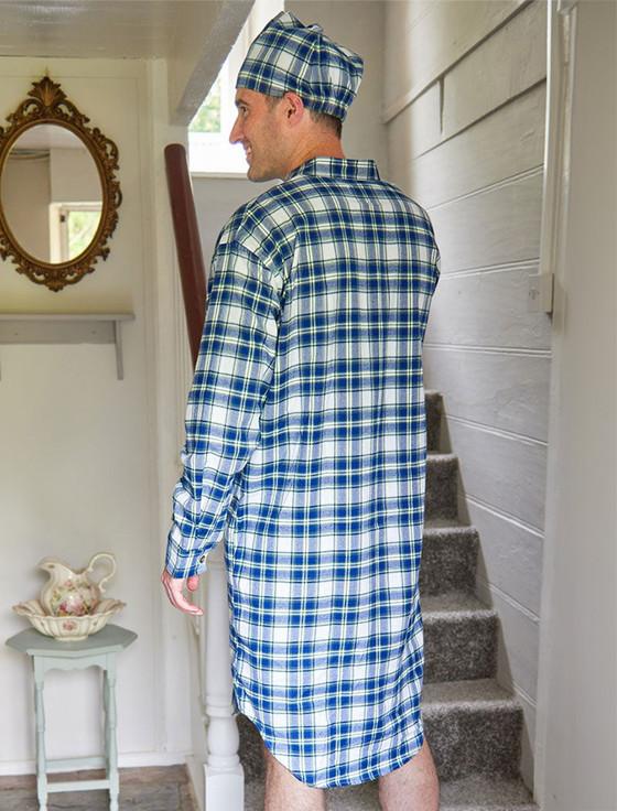 Aran Cashmere Men's Cotton Flannel Nightshirt - Douglas Blue Tartan