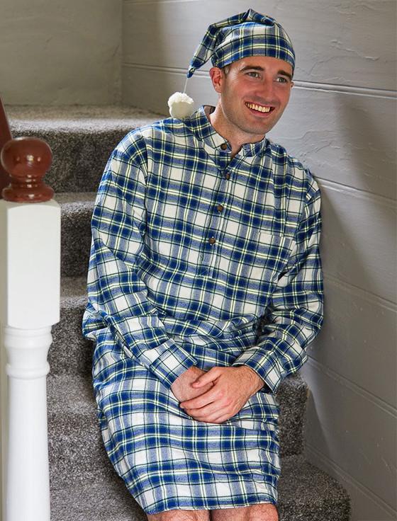 aran cashmere Men's Cotton Flannel Nightshirt - Douglas Blue Tartan