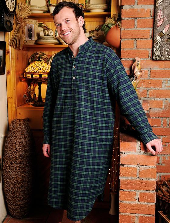 aran cashmere Men's Cotton Flannel Nightshirt - Green Blackwatch Tartan