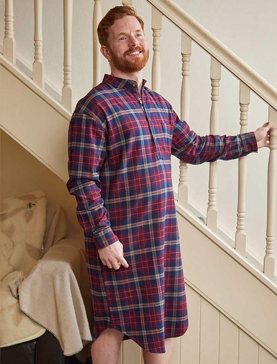 Aran Cashmere Men's Cotton Flannel Nightshirt - Maroon Navy