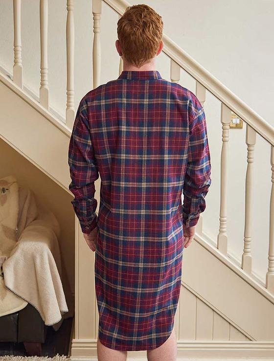 Aran Cashmere Men's Cotton Flannel Nightshirt - Maroon Navy