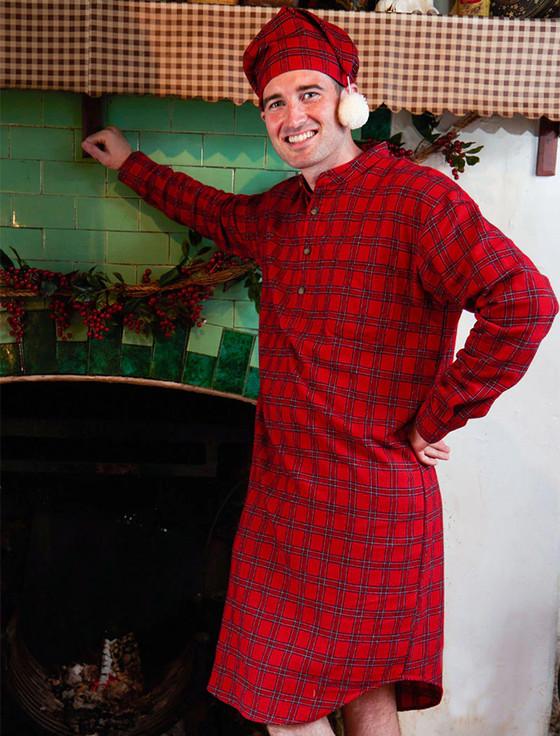 Aran Cashmere Men's Cotton Flannel Nightshirt - Red Tartan