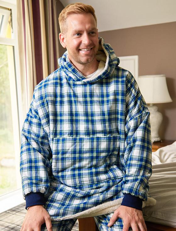 aran cashmere Men's Irish Flannel Lounge Hoodie - Douglas Blue Tartan