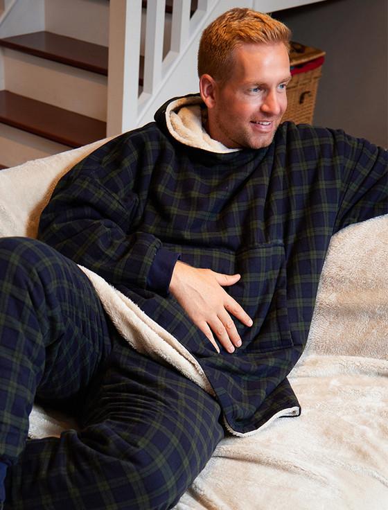 aran cashmere Men's Irish Flannel Lounge Hoodie - Green Blackwatch Tartan