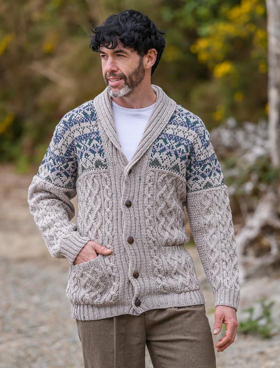Aran Cashmere Men's Shawl Collar Jacquard Cardigan With Pockets