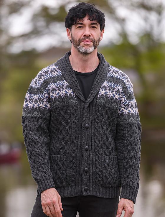 Aran Cashmere Men's Shawl Collar Jacquard Cardigan With Pockets