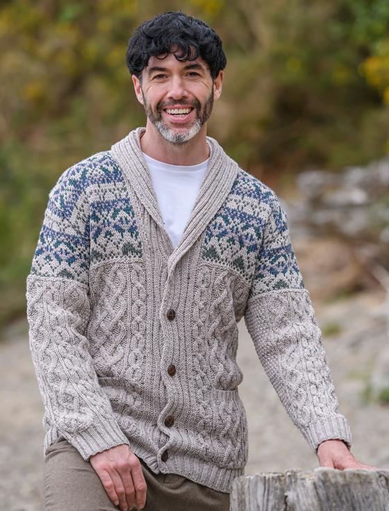 aran cashmere Men's Shawl Collar Jacquard Cardigan with Pockets