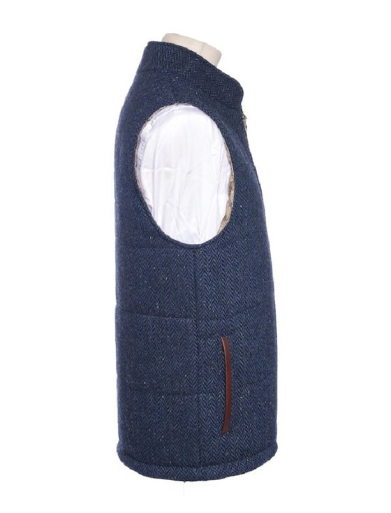 Aran Cashmere Men's Tweed Body Warmer - Blue Herringbone