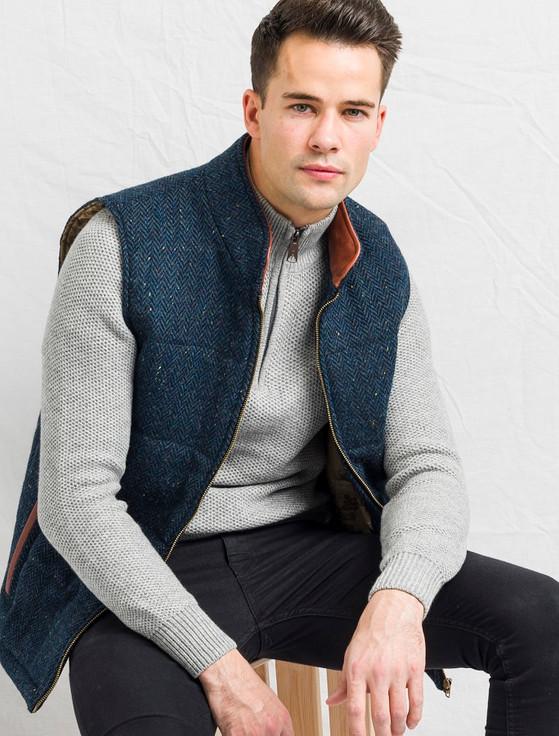 aran cashmere Men's Tweed Body Warmer - Blue Herringbone