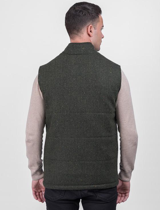 Aran Cashmere Men's Tweed & Leather Gilet - Green Herringbone