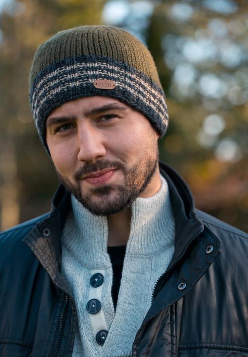 Aran Cashmere Men's Wool Ribbed Pull-on Hat - White-Stripes