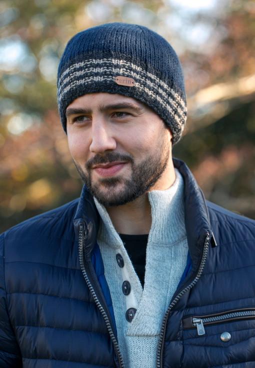 aran cashmere Men's Wool Ribbed Pull-on Hat - White-Stripes